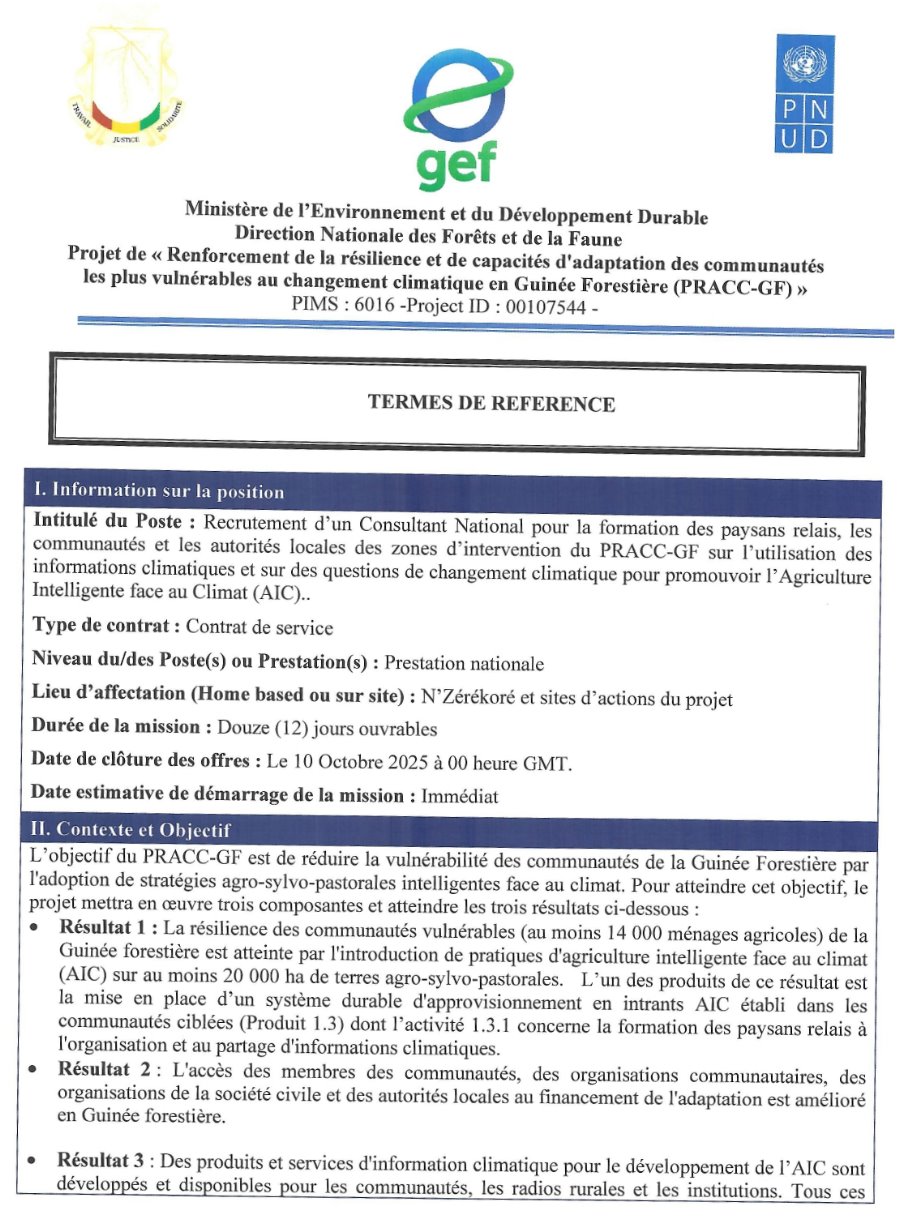 Termes de références pour le Recrutement d'un Consultant National pour la formation des paysans relais, les communautés et les autorités locales des zones d'intervention du PRACC-GF | Page 1